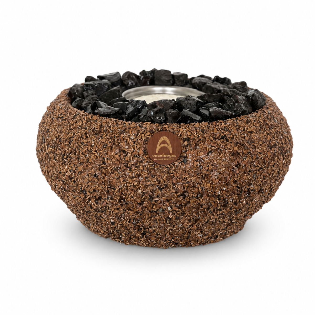 Valle Grande Nuez Obsidiana sobre fondo blanco: cuerpo con textura de cáscara de nuez, logo de madera y obsidiana negra