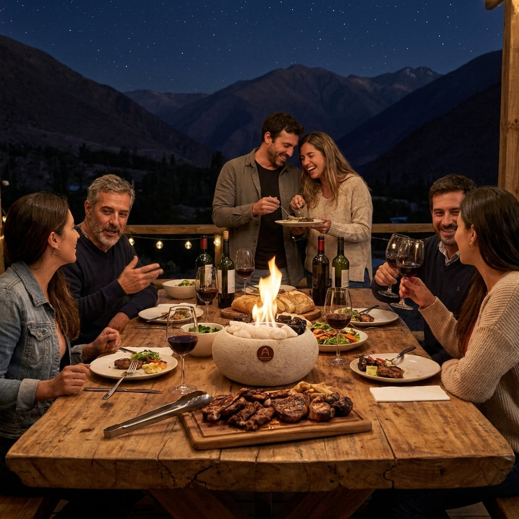Grupo de amigos cenando de noche en la cordillera con el Elquí Mediano Cuarzo y Obsidiana al centro de la mesa