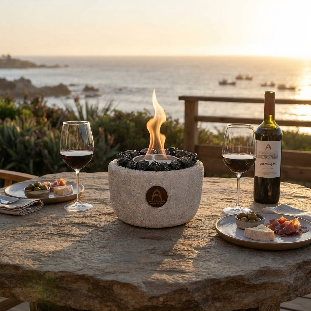 Elquí Compacto Obsidiana encendido en una mesa de piedra frente al mar, con copas y vino