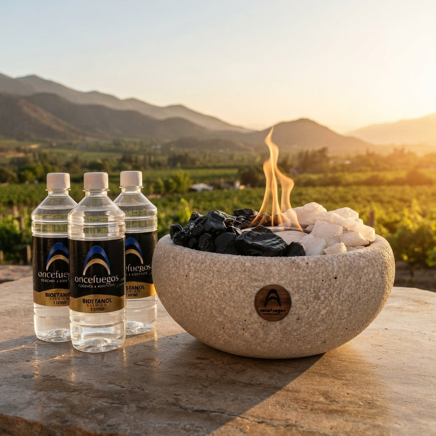 Pack Elquí Grande Cuarzo + Obsidiana · fogón de mesa a bioetanol con 3 litros incluidos