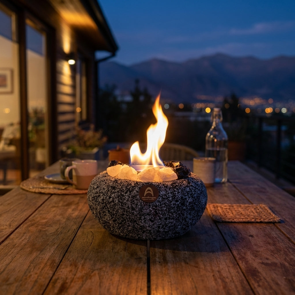 Fogón Atacama encendido sobre una mesa de madera en una terraza de noche