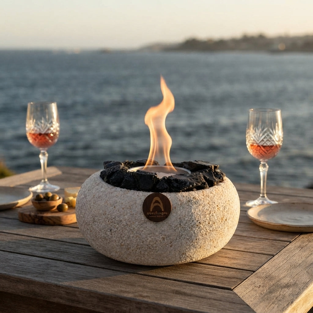 Elquí Mediano Obsidiana encendido en una mesa de terraza frente al mar, entre dos copas