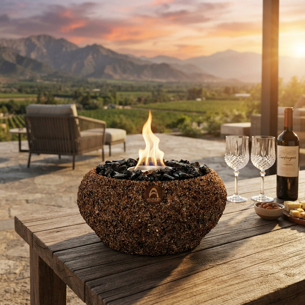 Valle Grande Nuez Obsidiana encendido sobre una mesa de madera con vino, frente a un valle al atardecer