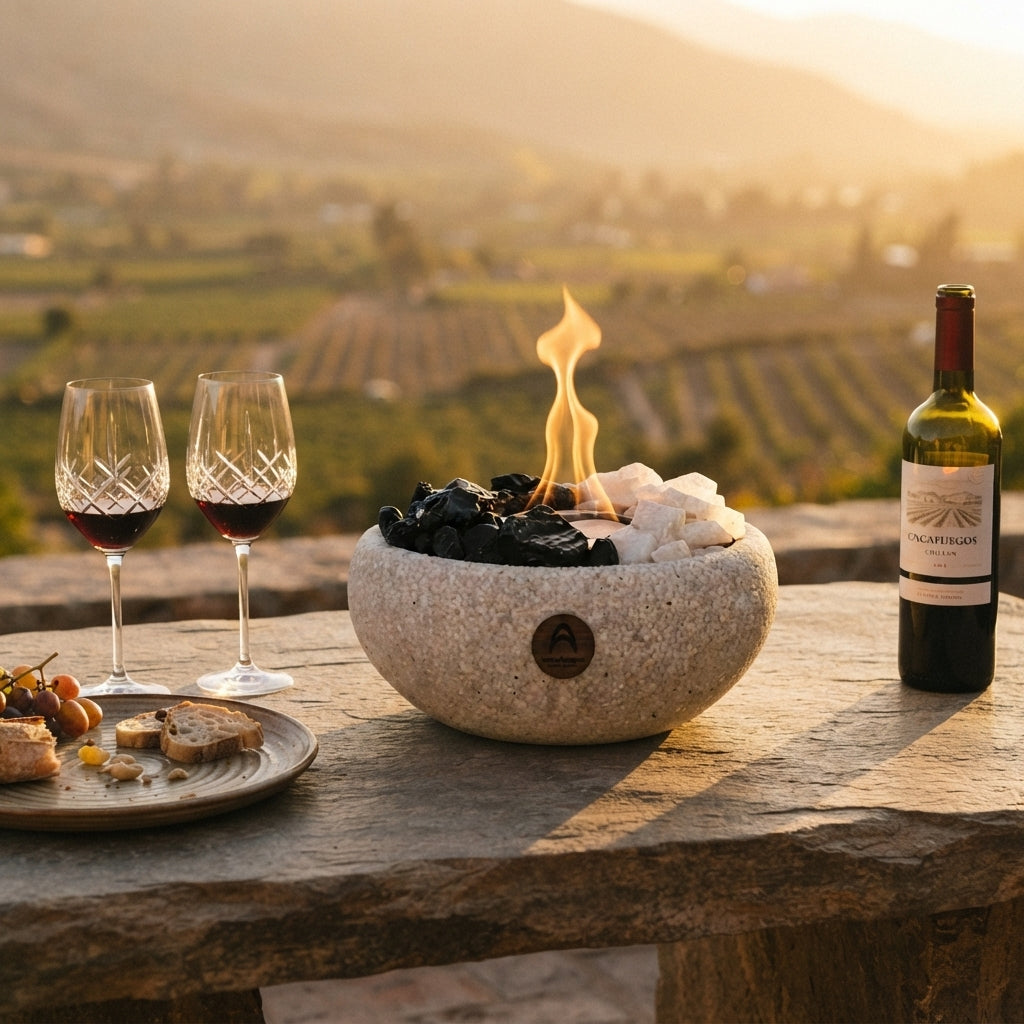 Elquí Grande Cuarzo y Obsidiana encendido sobre una mesa con vino frente a un viñedo