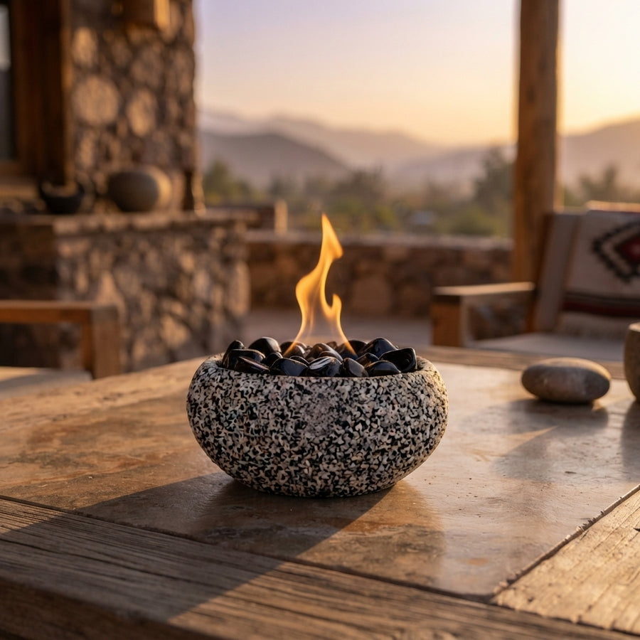 Atacama Mediano Obsidiana encendido sobre una mesa de madera en una terraza de piedra