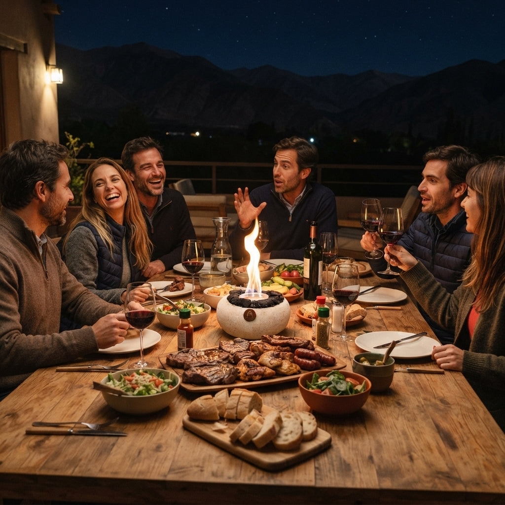 Grupo de amigos cenando de noche en una terraza con el Elquí Mediano Obsidiana en la mesa