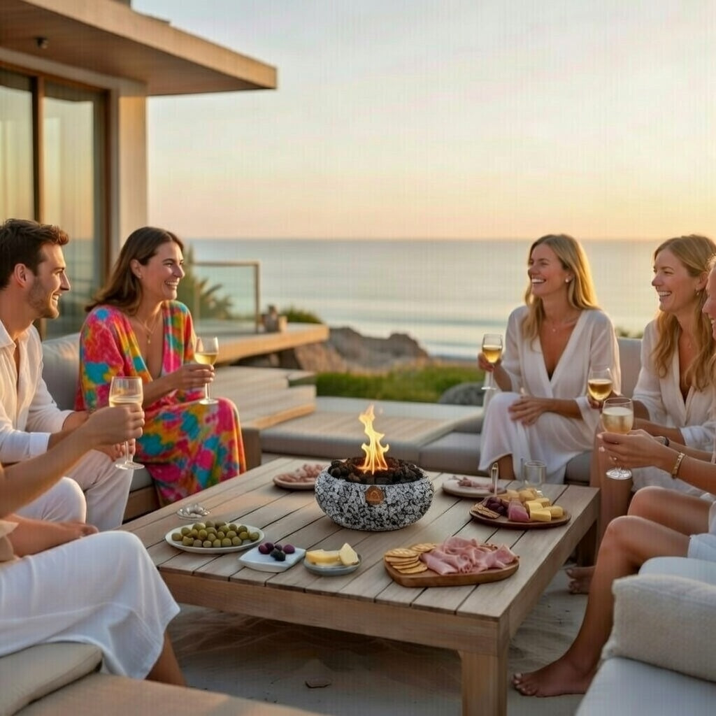 Grupo de amigas en una terraza frente al mar con el Atacama Grande Obsidiana encendido sobre la mesa de centro