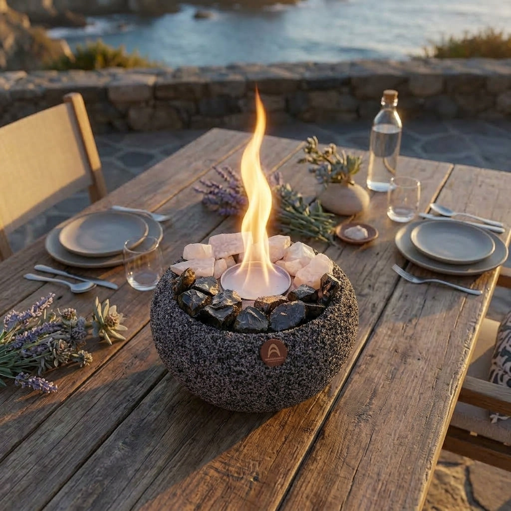 Atacama Grande Cuarzo y Obsidiana encendido sobre una mesa de madera puesta, en una terraza junto al mar