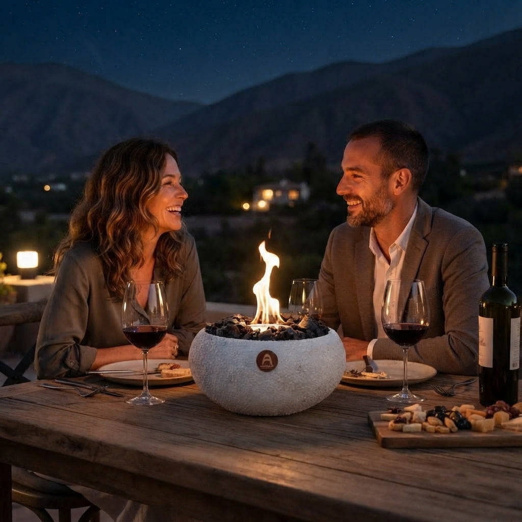 Pareja de noche junto al Elquí Grande Obsidiana encendido, con la cordillera de fondo