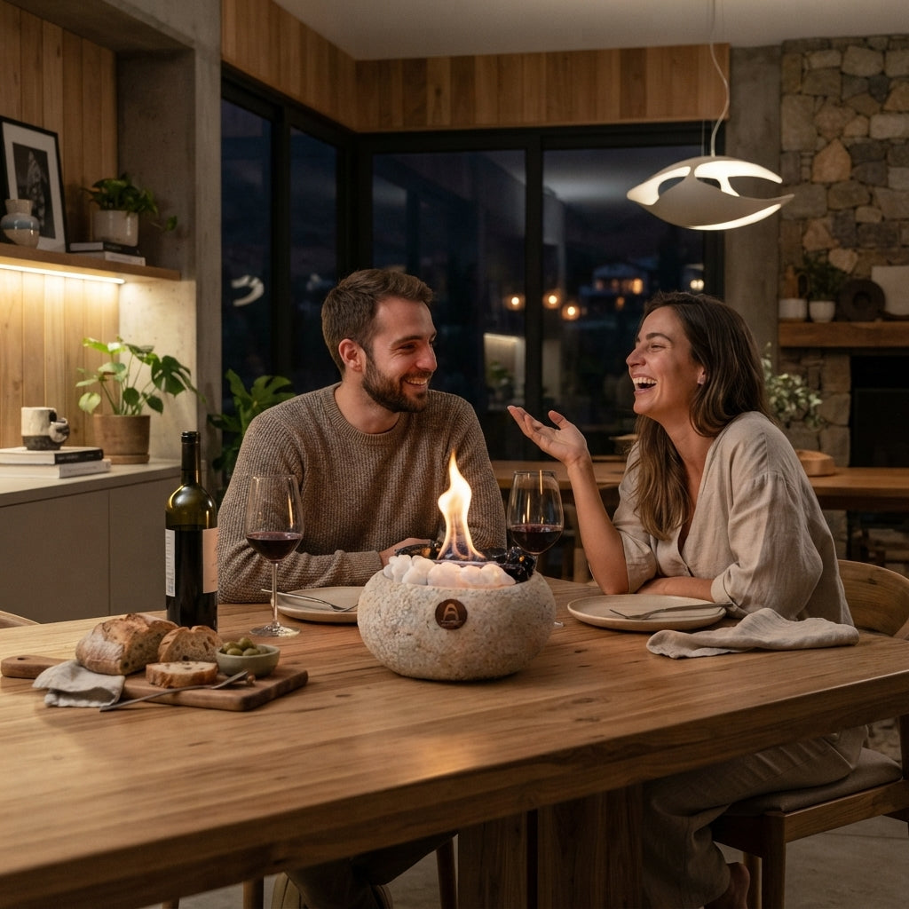 Pareja conversando en una cocina comedor con el Elquí Mediano Cuarzo y Obsidiana encendido sobre la mesa