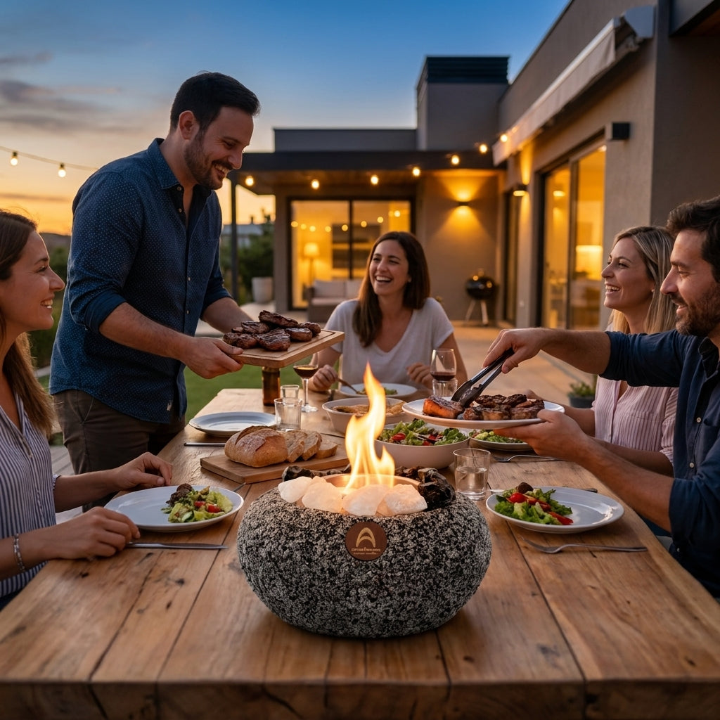 Grupo de amigos sirviendo comida en una terraza con el Atacama Grande Cuarzo y Obsidiana encendido en la mesa