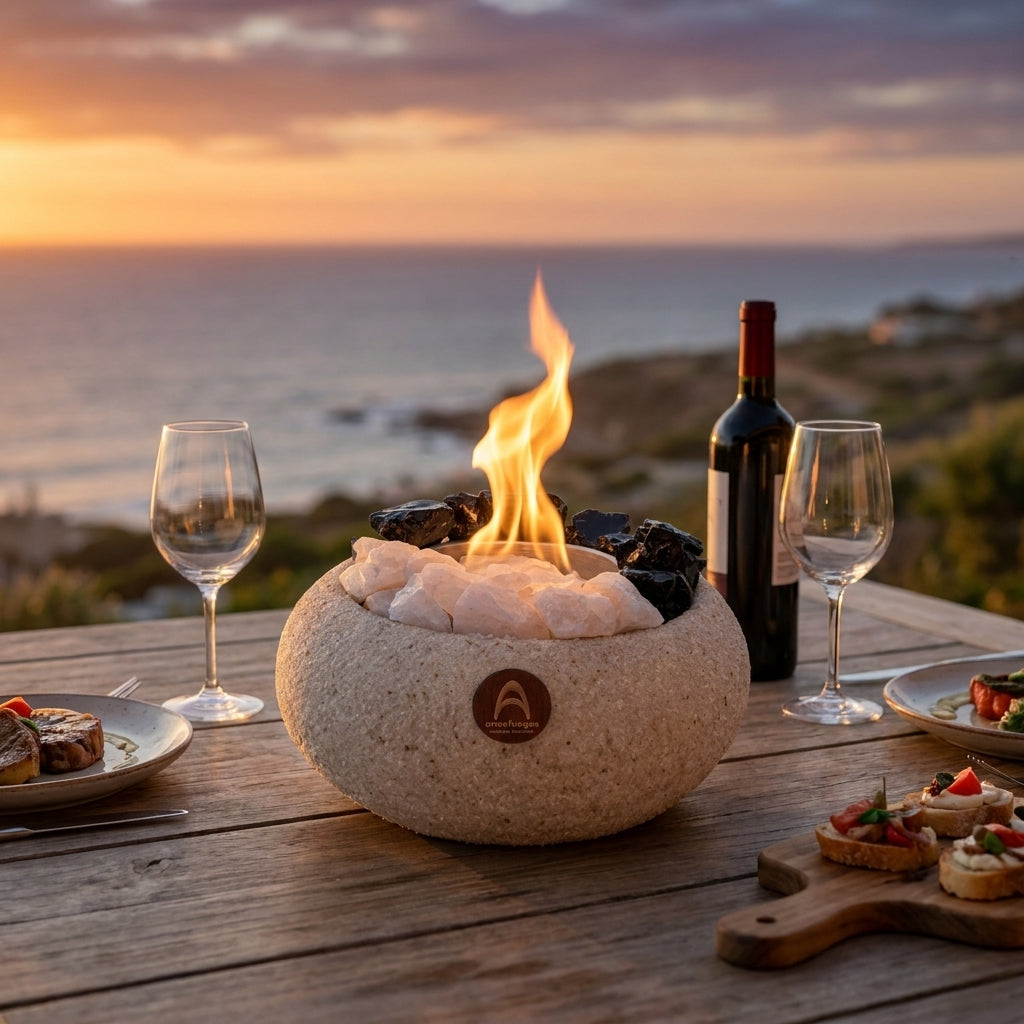 Elquí Mediano Cuarzo y Obsidiana encendido en una mesa de madera frente al mar, con copas y vino al atardecer